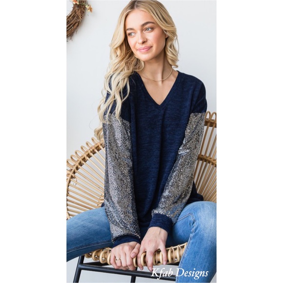 ❤️LAST! V Neck Midnight Blue Super Soft Sequin Sleeve Top! - Picture 13 of 16